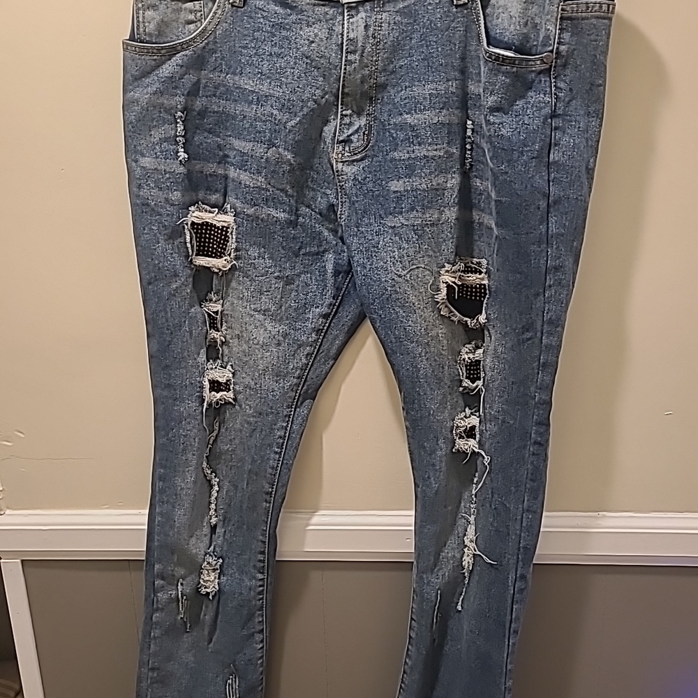 Sacred Crown Mens Size 38 Jeans Boot Cut Ripped Rhinestone NWOT